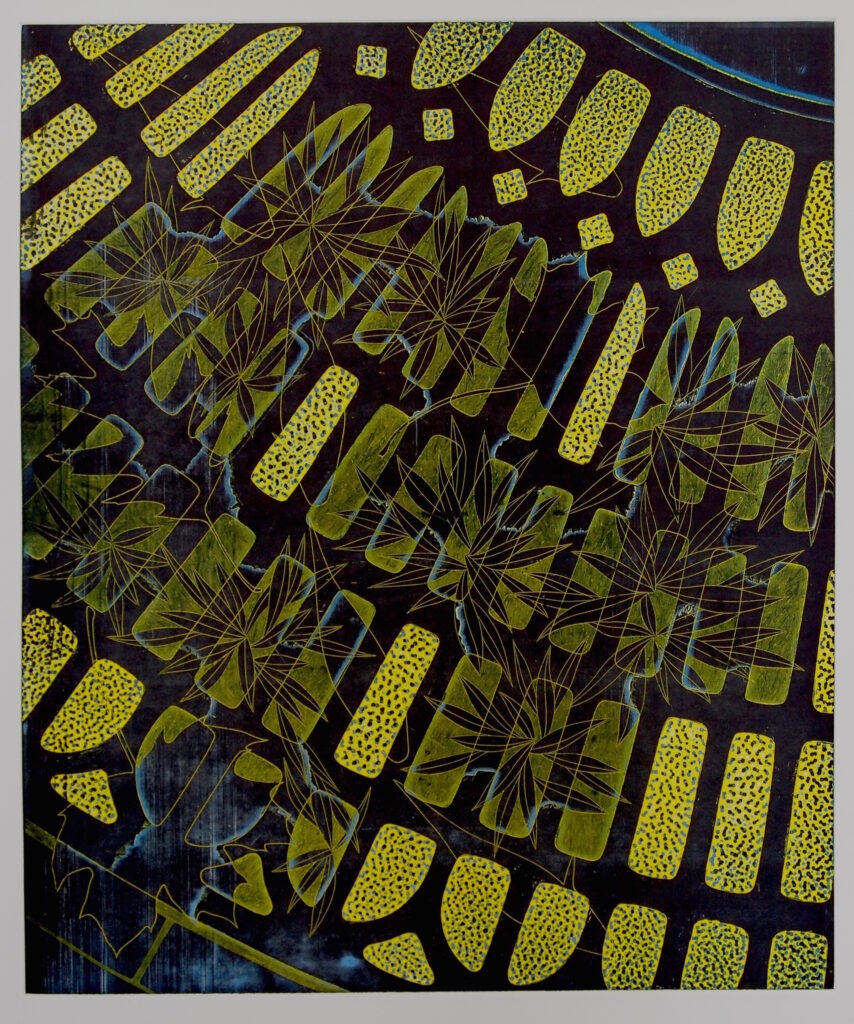 gravure de Ryuichi Maeda, La grille d'arbre (2015), 60 x 50 cm, burin, eau-forte, 
impression simultanée des couleurs.
