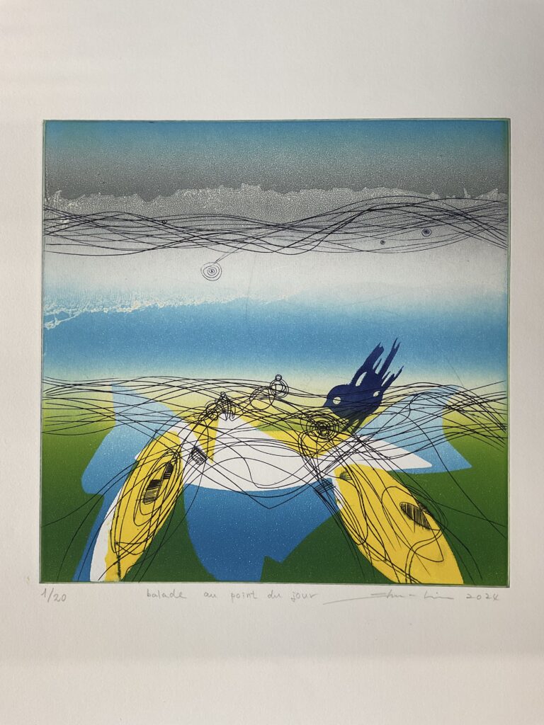 gravure de Shulin Chen, Balade au point du jour (2024), 30 x 30 cm, cuivre, burin, 4 couleurs simultanées.