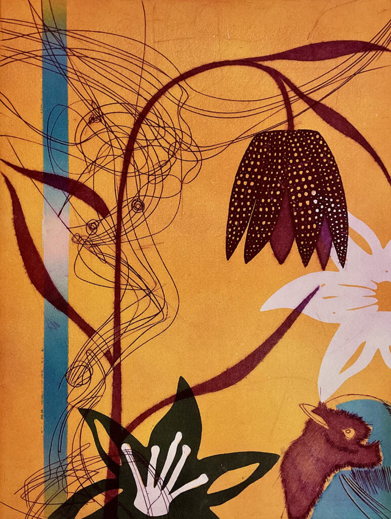 gravure de Shulin Chen, Le cui-cui du petit oiseau (2018), 40 x 30 cm, burin, eau-forte, couleurs simultanées.