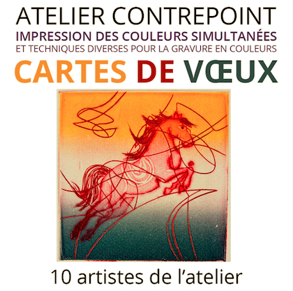 Cartes de vœux : exposition annuelle de l'Atelier Contrepoint, où des artistes graveurs présentent des tirages originaux de petits formats. Cette année, l'exposition à lieu le samedi 6 décembre de 15 heures à 19 heures. Les artistes seront présents, ils vous feront visiter l'atelier si vous le souhaitez.