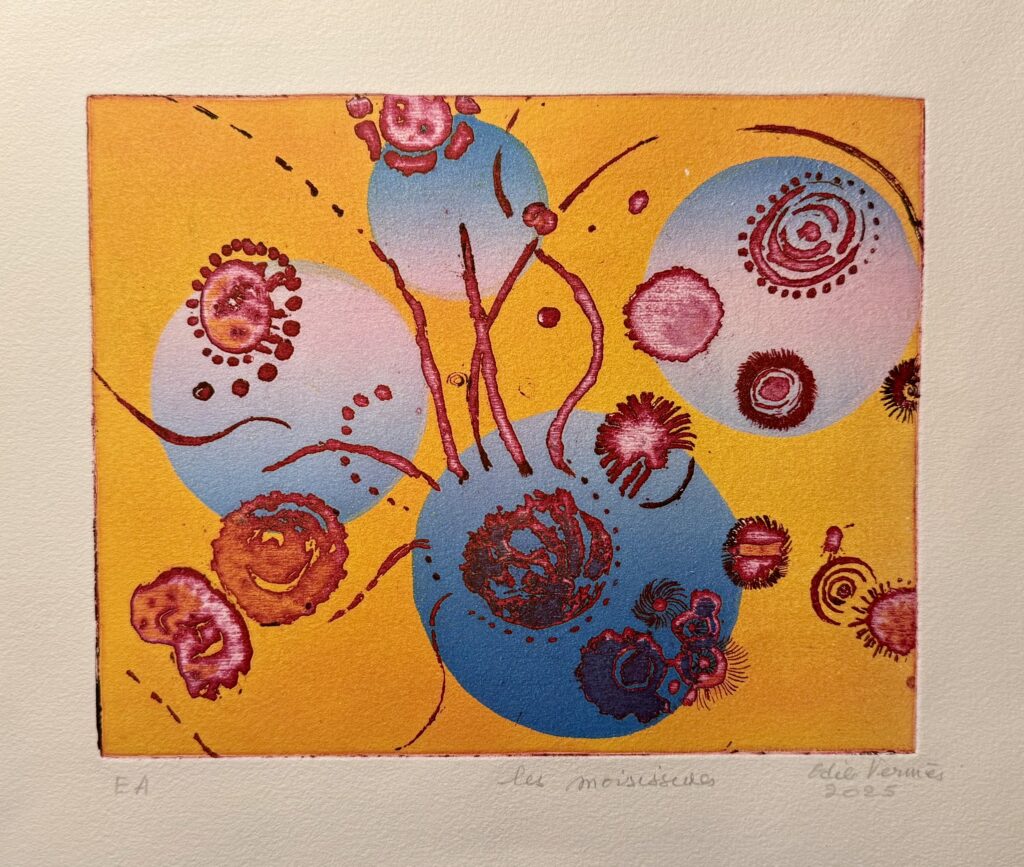 Odile Vermes de Baudreuil, Les moisissures (2025), eau-forte, impression des couleurs simultanées.