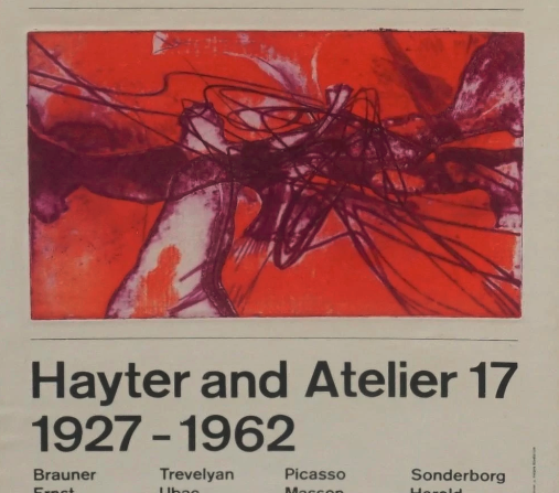 affiche de l'exposition rétrospective des 35 ans de l'atelier 17 à l'ICA, Londres, en 1962 : Hayter and Atelier 17