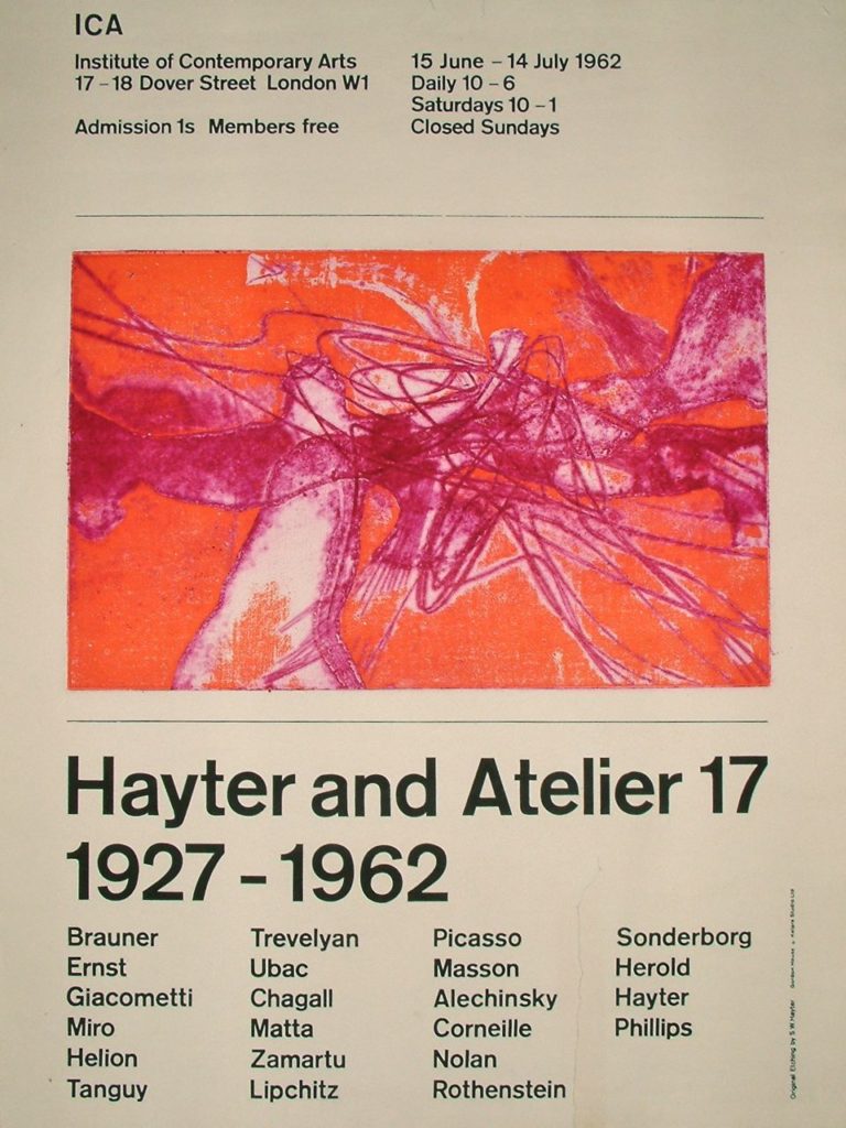 affiche de l'exposition rétrospective des 35 ans de l'atelier 17 à l'ICA, Londres, en 1962 : Hayter and Atelier 17