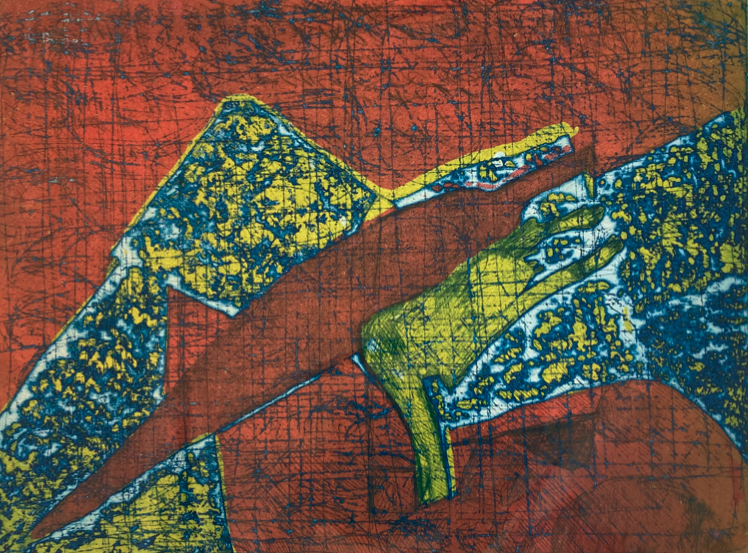 gravure de Daniela Roman, La chute (2021), 20 x 30 cm, eau-forte, 2 couleurs simultanées.