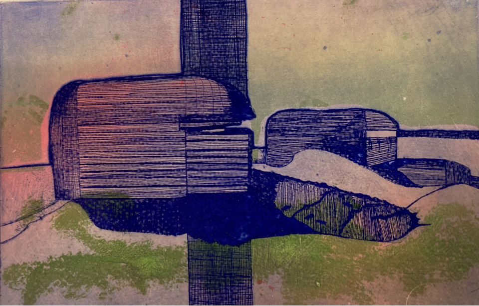 gravure de Daniela Roman, Brutalisme (2020), 20 x 30 cm, eau-forte, 2 couleurs simultanées.