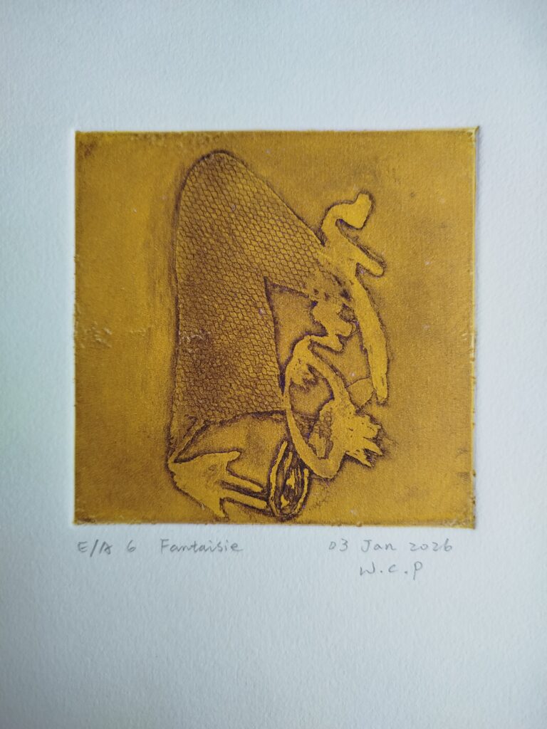 gravure de Chung-Pei Wang, Fantaisie (2026), 10 x 10 cm, eau-forte, vernis mou, couleurs simultanées