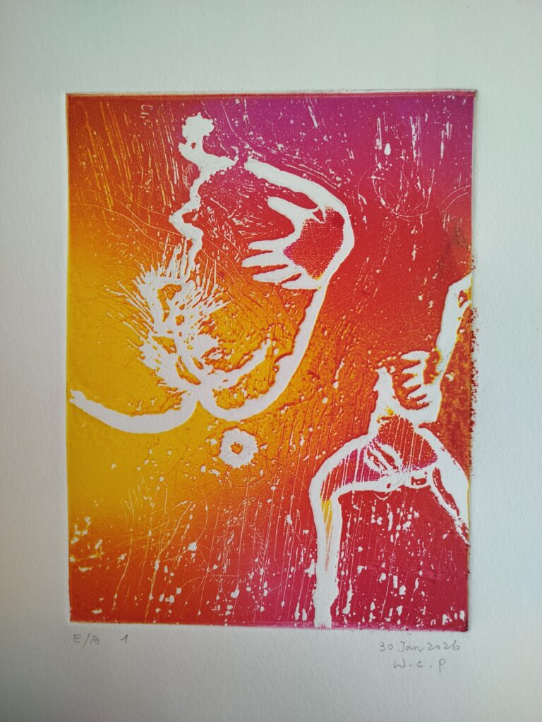 gravure de Chung-Pei Wang, Fendre (2026), 20 x 15 cm, burin, eau-forte, vernis mou, couleurs simultanées