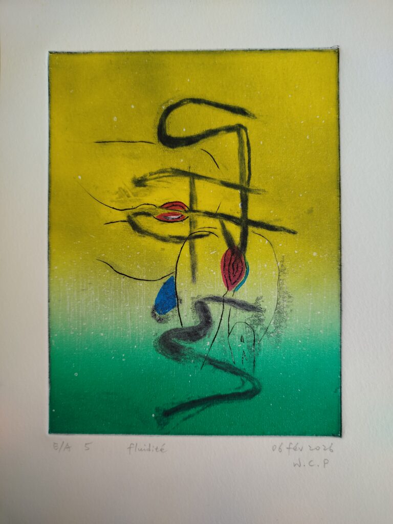 gravure de Chung-Pei Wang, Fluidité (2026), 20 x 15 cm, burin, eau-forte, vernis mou, couleurs simultanées