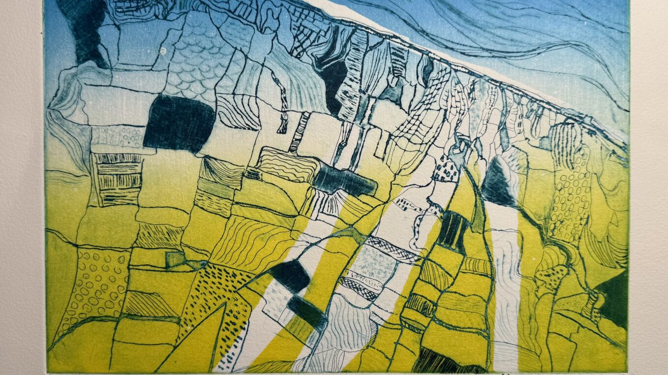 gravure d'Odile Vermes de Baudreuil, Vue de Langrune (2026), eau-forte, impression des couleurs simultanées.