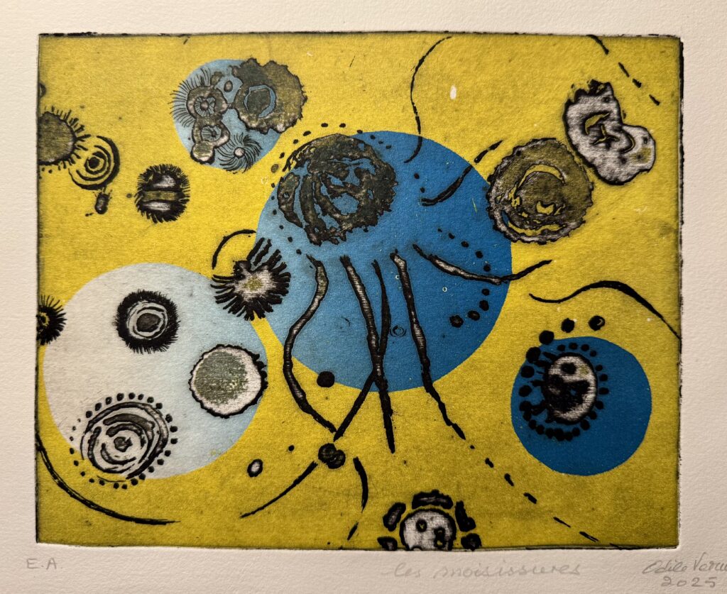 gravure d'Odile Vermes de Baudreuil, Les moisissures (2025), eau-forte, impression des couleurs simultanées.