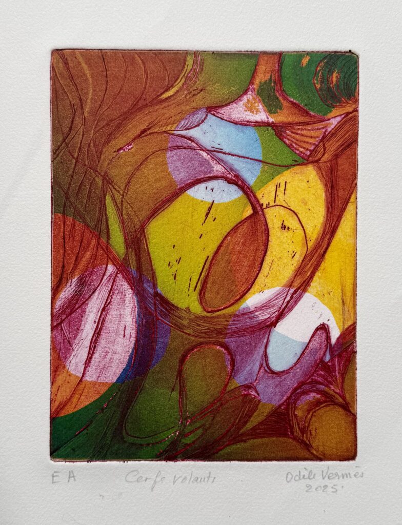 Cerfs volants (2025), gravure d'Odile Vermes de Baudreuil