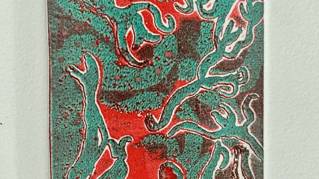 gravure de Rio Tachiiri, Charité (2025), 9 x 6 cm, burin, eau-forte, vernis mou.