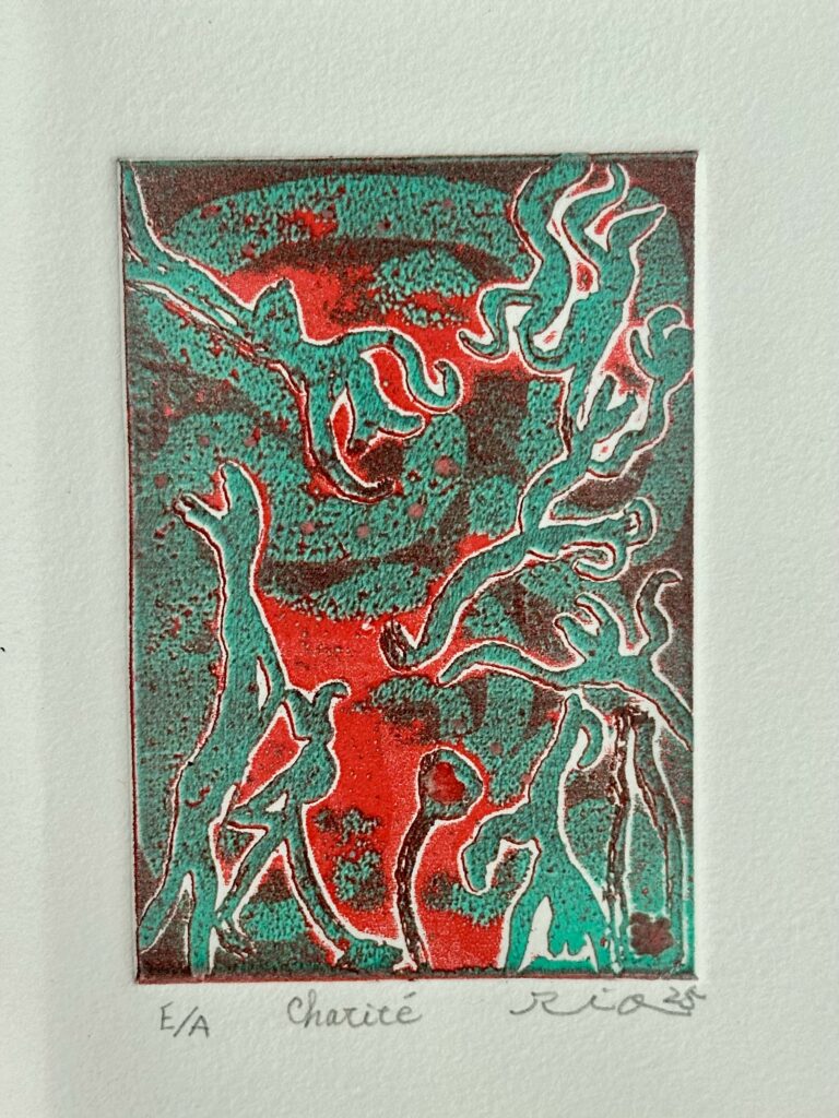 gravure de Rio Tachiiri, Charité (2025), 9 x 6 cm, burin, eau-forte, vernis mou.