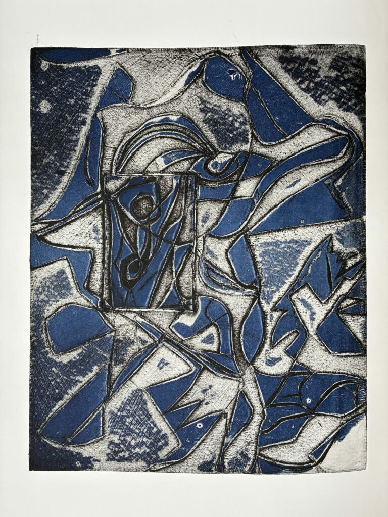 gravure de Mikel Irigoyen, eau-forte sur zinc et grattage, 50 x 40 cm, 2 couleurs simultanées