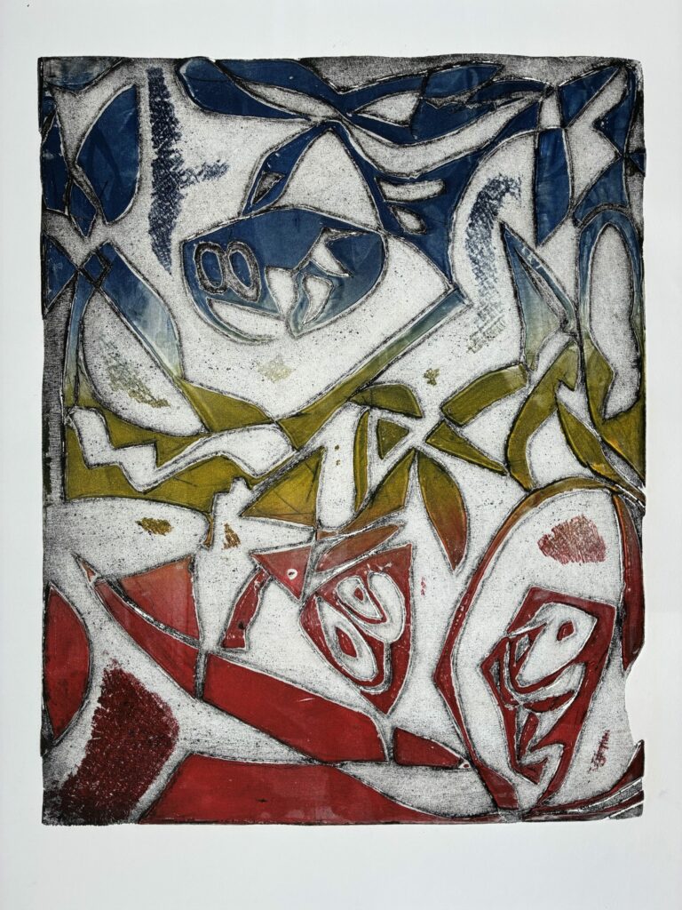 gravure de Mikel Irigoyen, eau-forte sur zinc et grattage, 50 x 40 cm, 3 couleurs simultanées