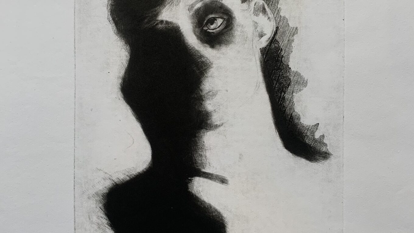 Gravure de Matteo Normand, Sans titre (2021). 24 x 32 cm, pointe sèche, manière noire, eau-forte.