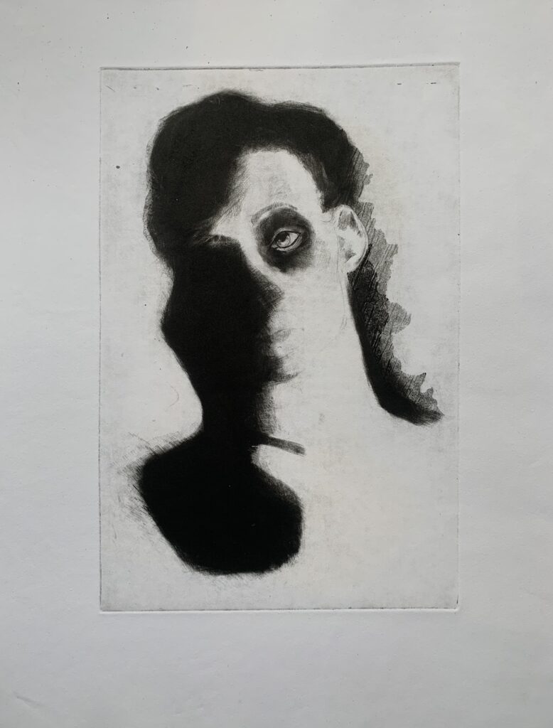 Gravure de Matteo Normand, Sans titre (2021). 24 x 32 cm, pointe sèche, manière noire, eau-forte.
